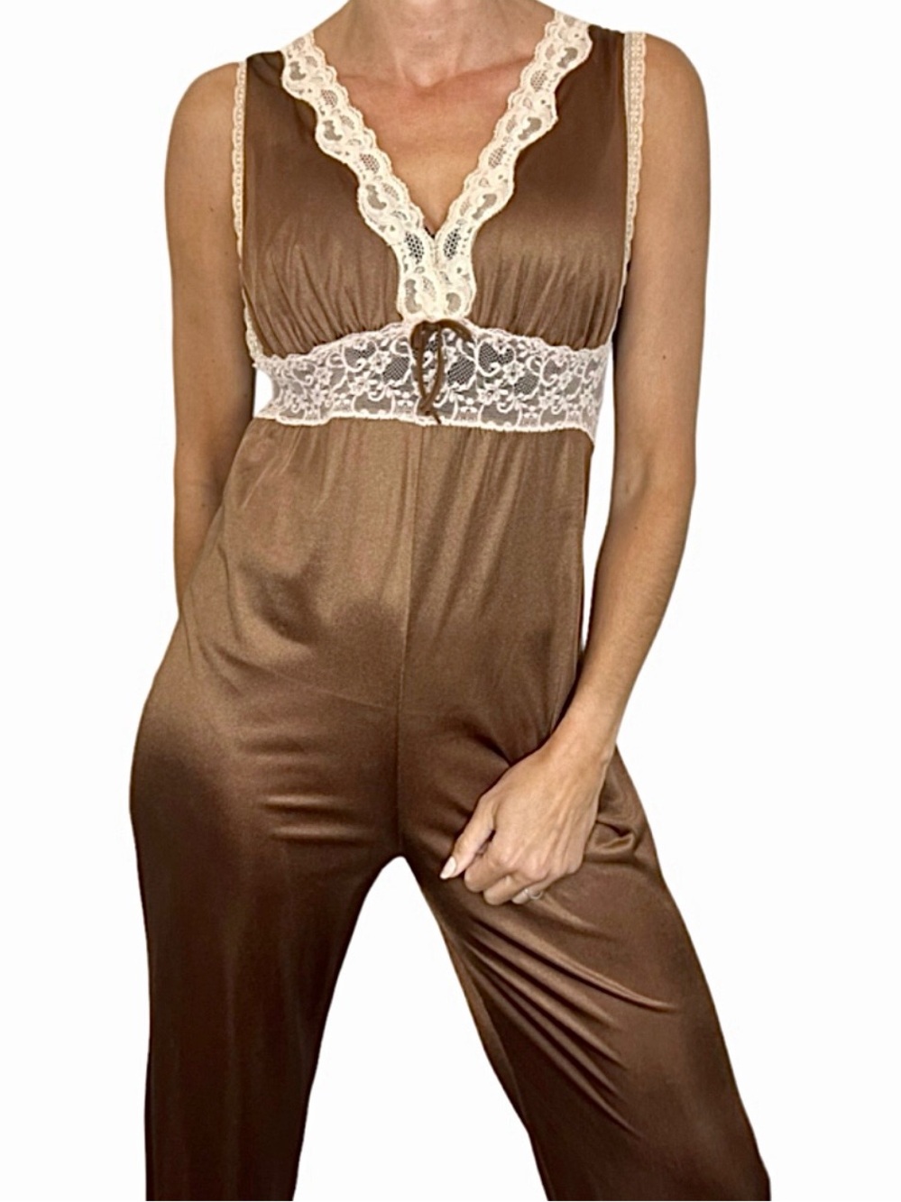 Rare VTG 70s Darling Toronto brown nylon lace trim retro lounge jumpsuit